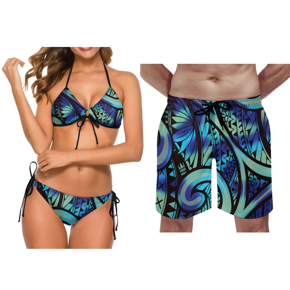 คู่ใหม่ท่องชุด 2 ชิ้นชุด Polynesian CUSTOM ชาติพันธุ์พิมพ์วันหยุด Hot Spring ชุดว่ายน้ําสตรี Retro คู่บิกินี่
