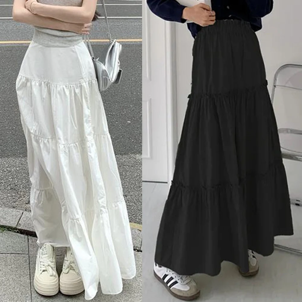 Elastic Waist Boho Long Skirts A-Line Skirts Autumn Fashion Casual Style Daily Wear Polyester Fabric Slight Stretch