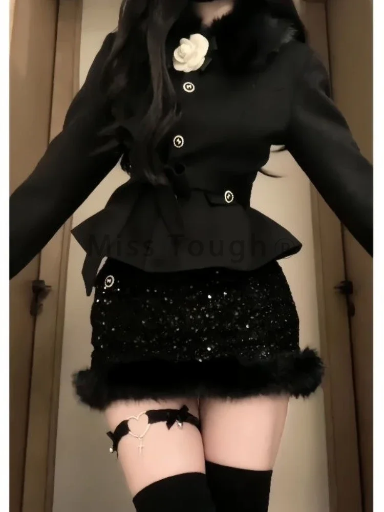 France Vintage Chic Winter Black 2-piece Sets Women Party Long Sleeve Slim Lace Up Coat + Paillette High Waist Skirt Suit 2025