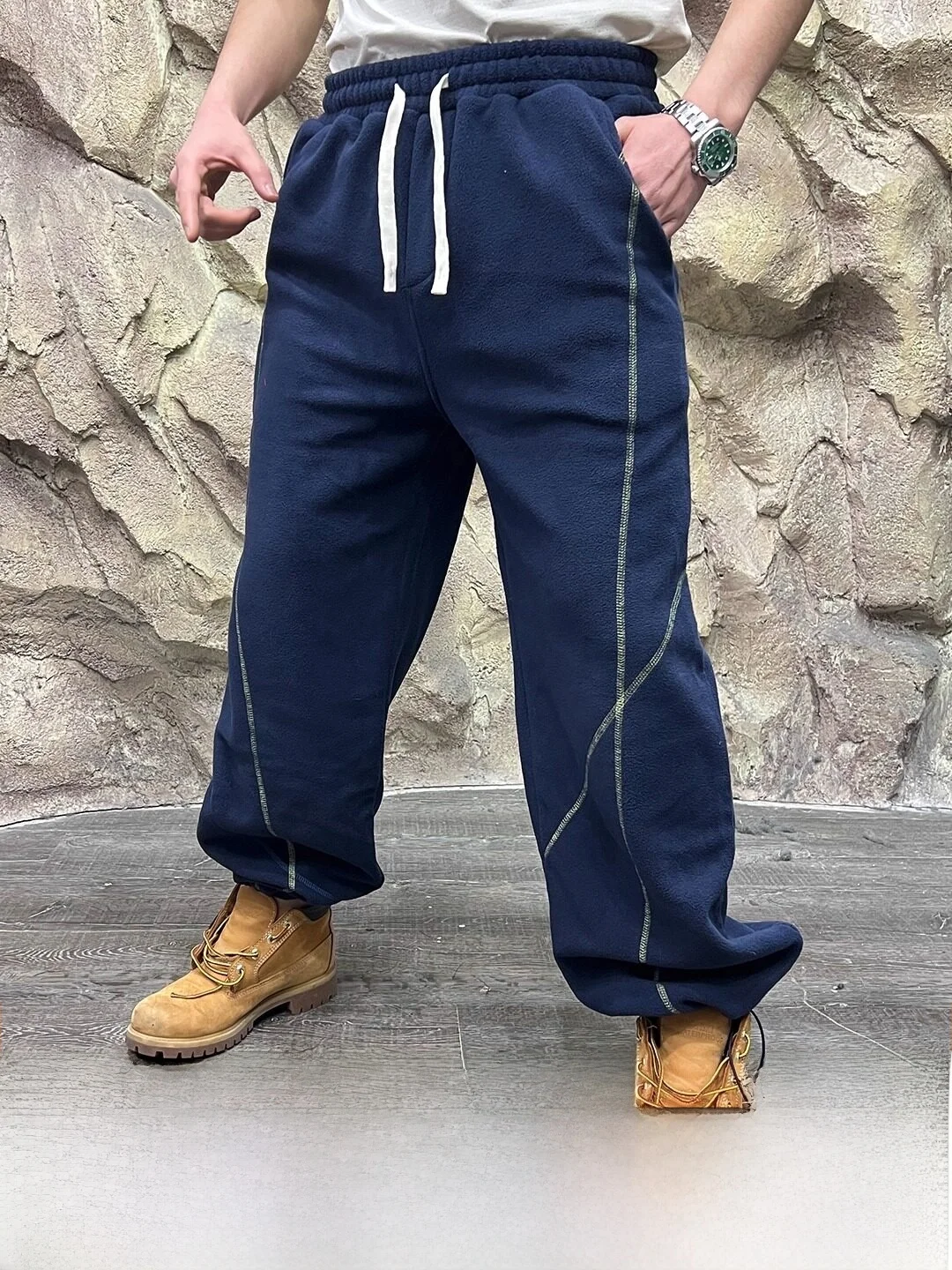 Outdoor Heavyweight Thickened Winter Casual Pants Unisex Fleece Lined Warm Tracksuit Trousers Straight Leg Stripe Pattern
