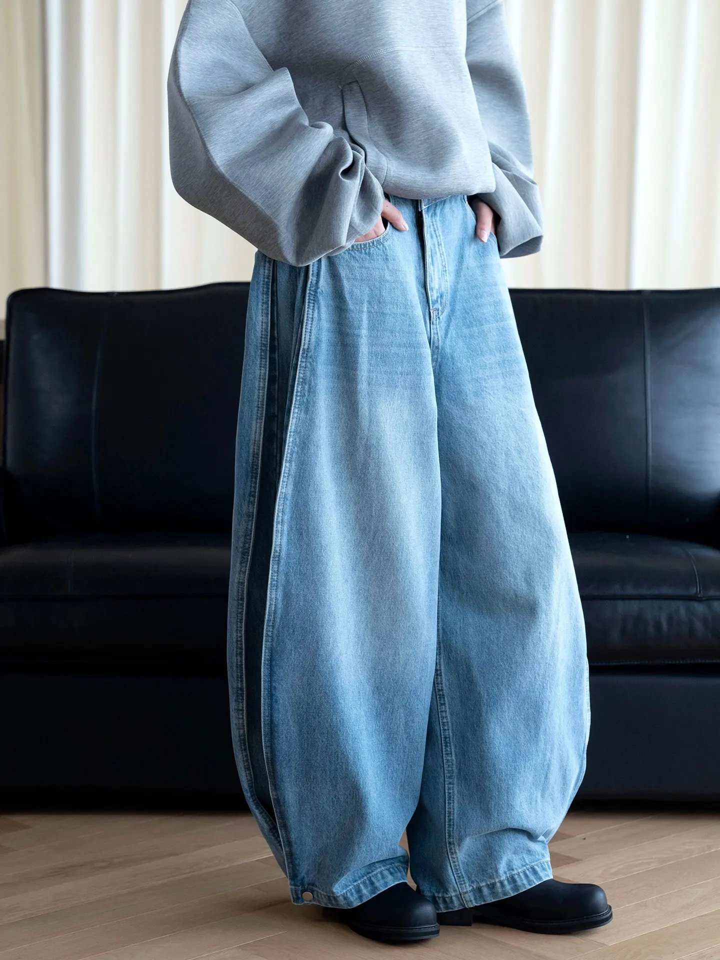 Autumn new Japanese style design asymmetrical slanted placket heavy cocoon shaped jeans slimming pants for women