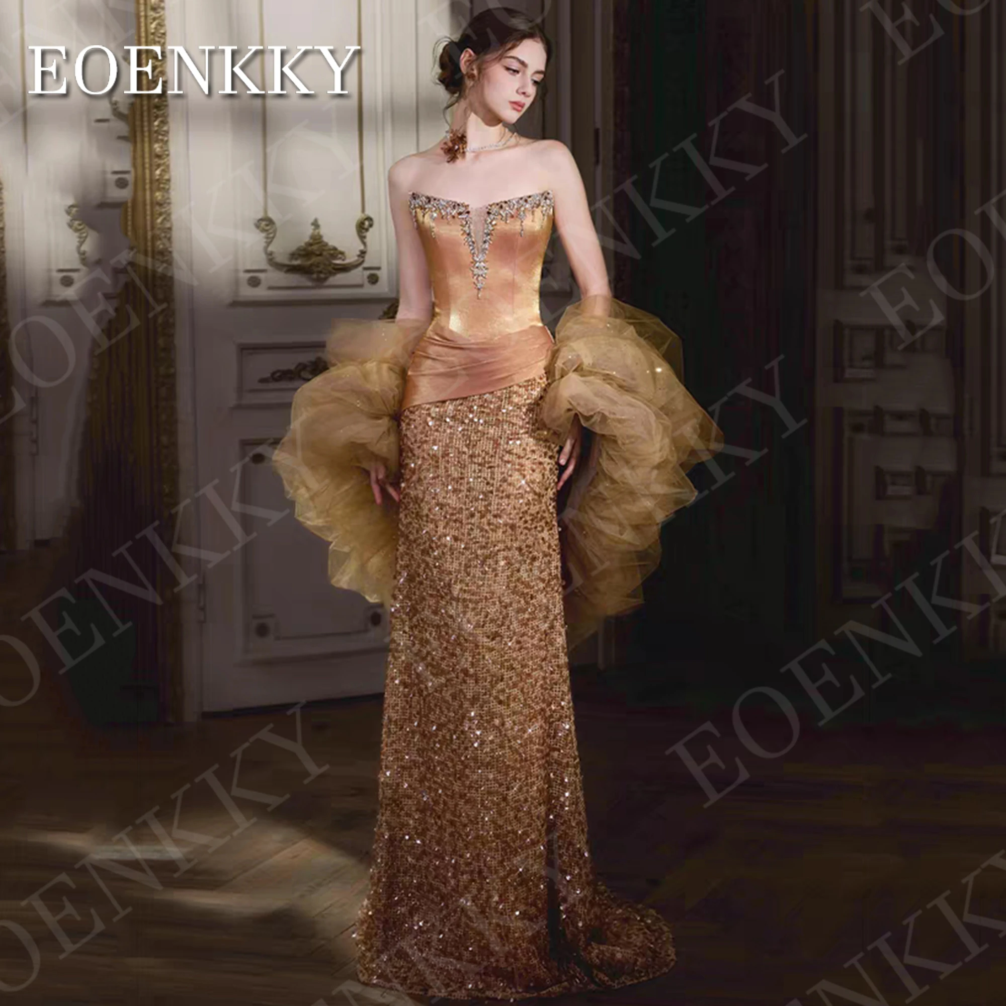 

EOENKKY Luxury Sequin Evening Dresses Mermaid Woman Gold Strapless Sparkly Detachable Puffy Sleeves Red Carpet Dress Customized