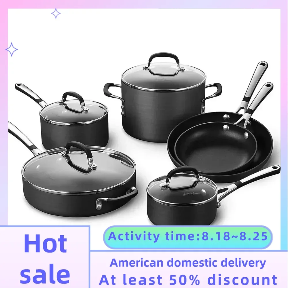 

10-Piece Non-Stick Kitchen Cookware Set, Black Pots & Pans with Stay-Cool Stainless Steel Handles, Hard-Anodized Aluminum