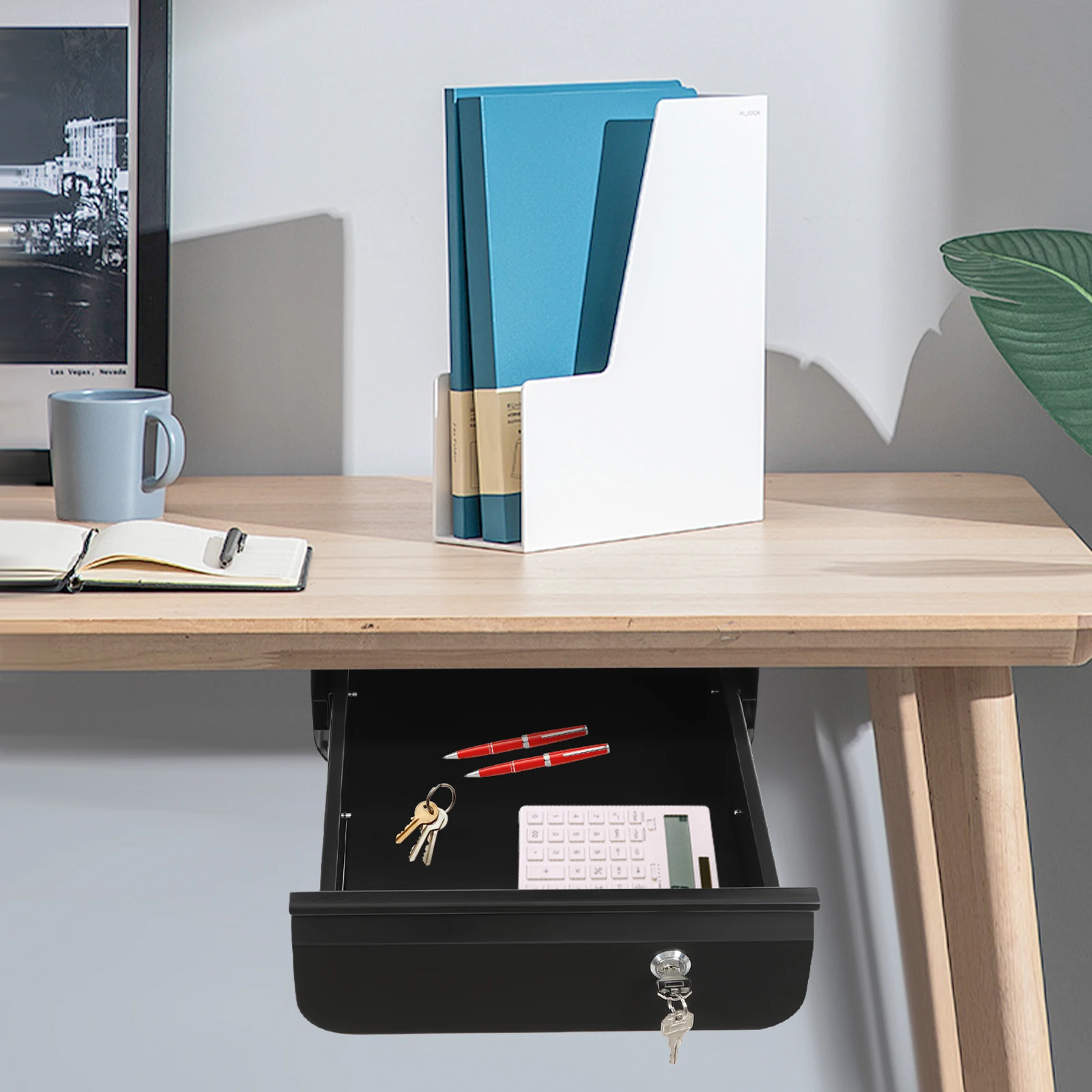 

Black Steel 29x36cm Desk Drawer with Lock Sliding Storage Cabinet Desk Hidden Storage Drawer