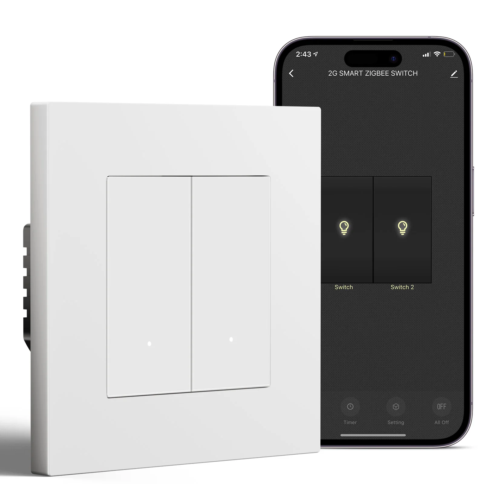 BSEED WIFI 2-Gang-Klickschalter, intelligente Wandschalter mit gelber Hintergrundbeleuchtung, weißer Kunststoffrahmen, EU-Standard, kompatibel mit Tuya-App