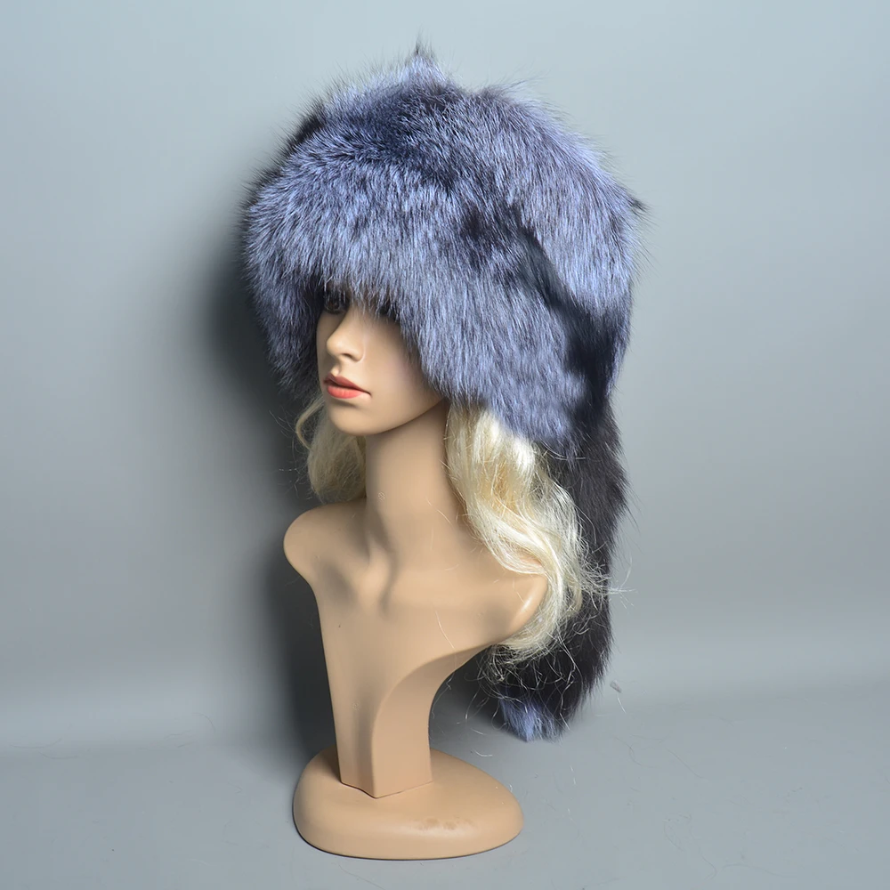 real fox fur hats for women winter fashionable stylish Russian thick warm beanie hat natural fluffy fur hat with tail