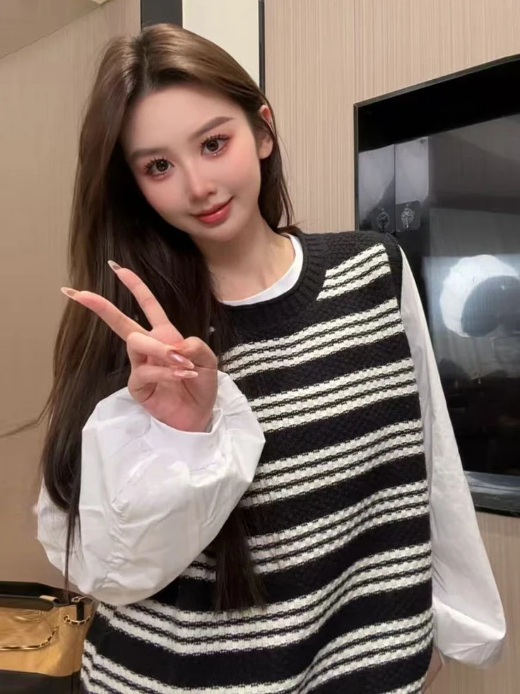 한국 슬레 소프트 스웨터 베스트 여성용 가을 겨울 이너웨어 스트라이프 니트 탑 편안하고 통기성 좋은 캐주얼