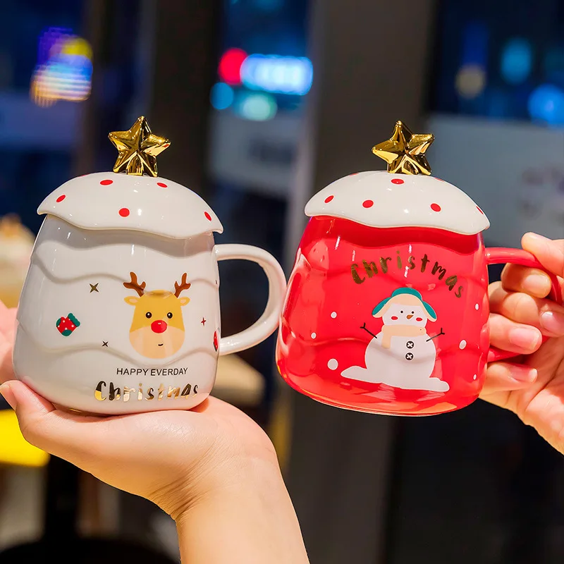 

500ml New Cartoon Creative Christmas with Lid and Spoon Student Couple Office Ceramic Coffee Cup