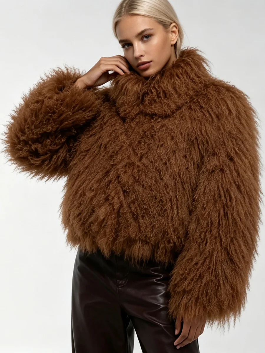 Brown Shaggy Faux Fur Jacket High Neck Loose Oversized Curly Fluffy Winter Warm Outerwear