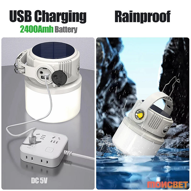 لمبة إضاءة LED تعمل بالطاقة الشمسية USB قابلة لإعادة الشحن للتخييم بقدرة 2400 مللي أمبير في الساعة كشاف خارجي محمول متعدد الاستخدامات مع مصباح يدوي