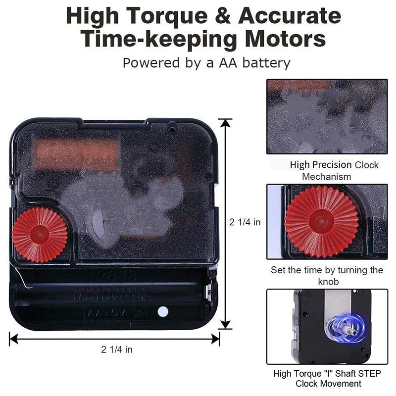 High Torque Clock Movement Mechanism With 11 Inch Long Spade Hands, Quartz Clock Motor Kit , Total Shaft Length 7/8 Inch