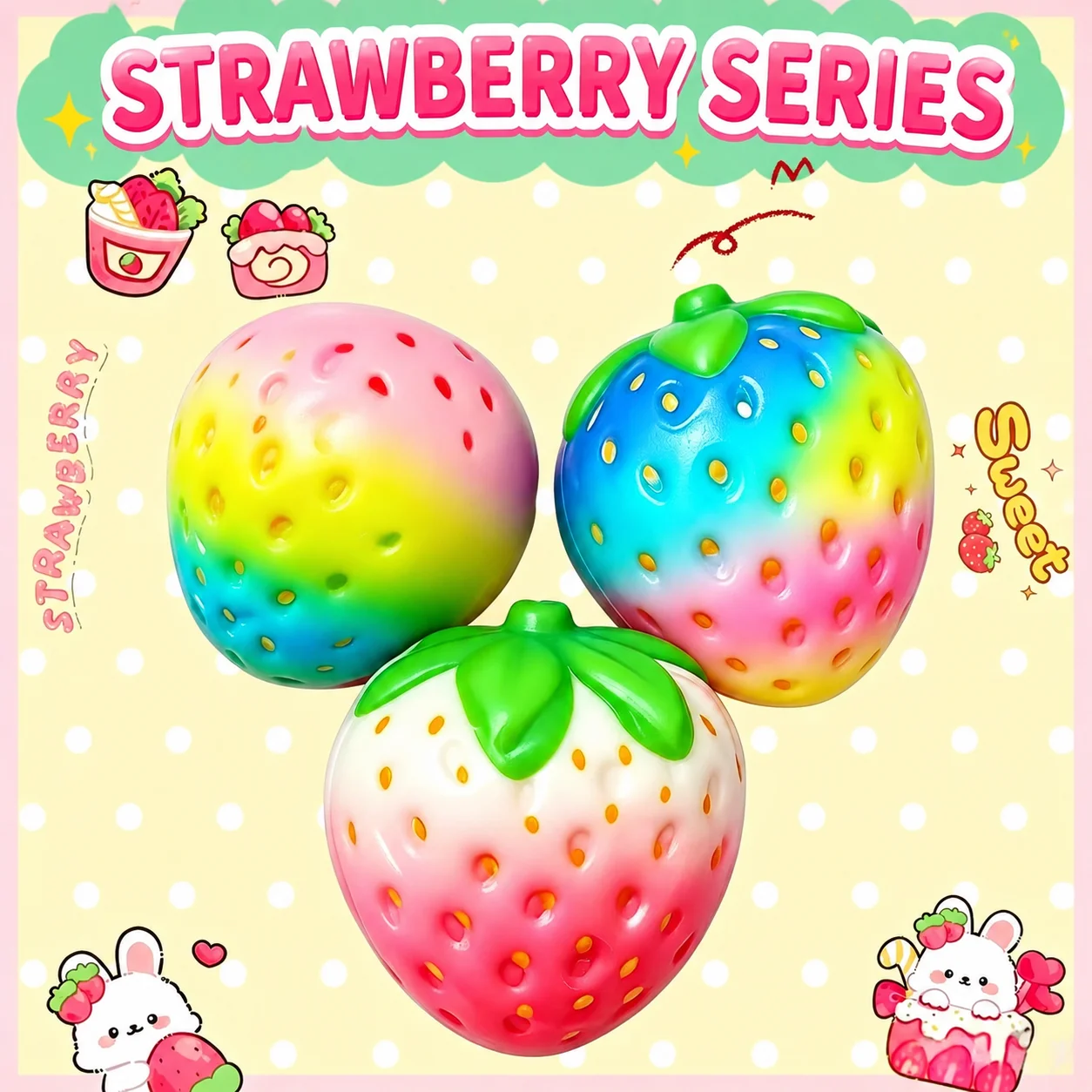 Colorful Strawberry Squishy Slow Rising Soft PU Squeeze Toy Stress Relief Kawaii Fruit Fidget Gift
