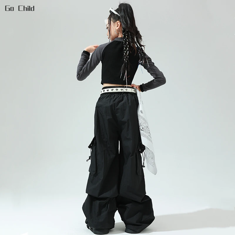 Girls Hip Hop Cropped Jacket Loose Cargo Pants Clothes Sets Children Street Dance Short Coat Kids Streetwear Jazz Stage Costumes