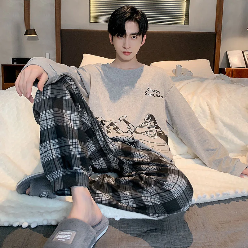 Spring And Autumn Men\'s Pajamas Teenage Long-Sleeved Pajamas Set Loose Casual Homewear Men\'s Homewear Suit