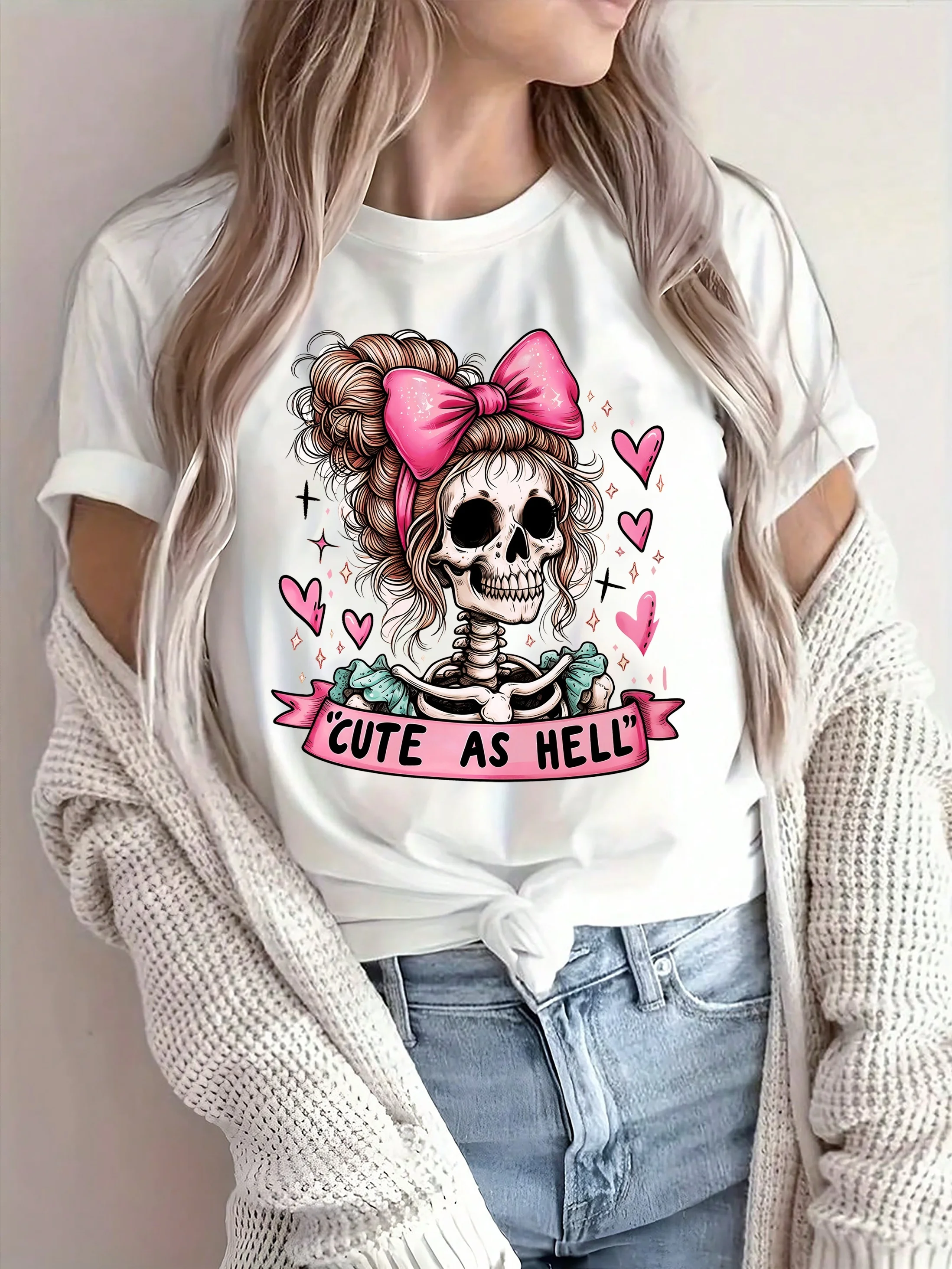 Halloween Skull Print Crew Neck T-Shirt for Women - Comfy Short Sleeve Summer Top  y2k top  shirts for women