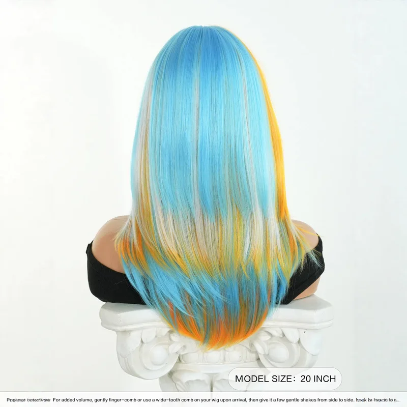 Wig for women orange blue ombre layered straight hair with bangs American and Argentinian flag design 20 inches