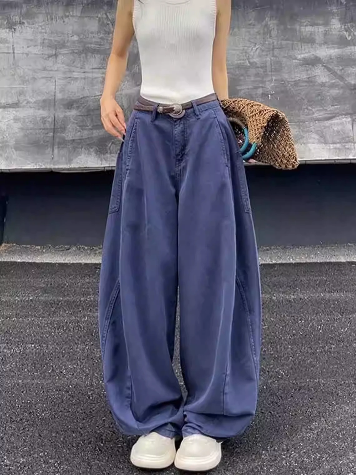 

Женские синие винтажные джинсы на подтяжках, модные мешковатые широкие брюки с карманами, уличная одежда, повседневные прямые джинсовые брюки, женские летние