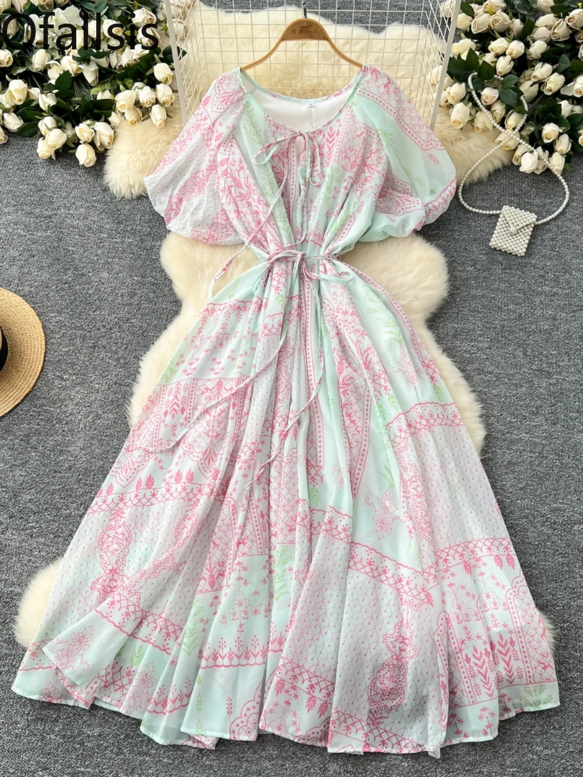 Ofallsis Retro Court Style Printed Puff Sleeve Dress 2024 Summer New Waist Cinching Light Luxury Chic Temperament Long Dresses