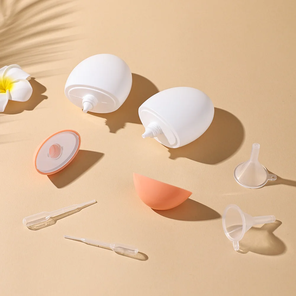 2 個 50 ミリリットルホワイト & オレンジキャップ卵型 PE 空のローションプラスチックボトルセット詰め替え旅行容器日焼け止め化粧品用