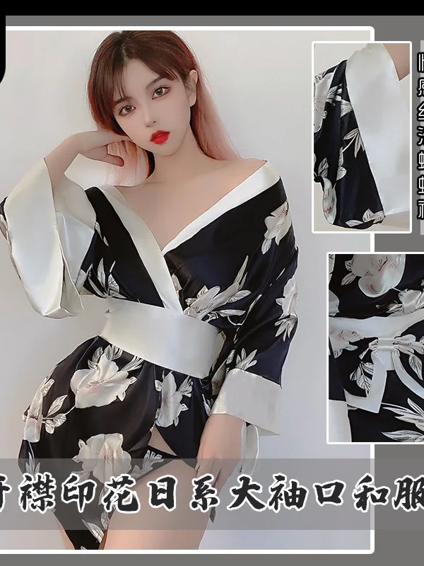 Spring Japan Style Robe Vintage Fashionable Dresses Sexy Deep V Bandage Waist Print Chiffon Kimono Role Play Uniform Dress 4IQF