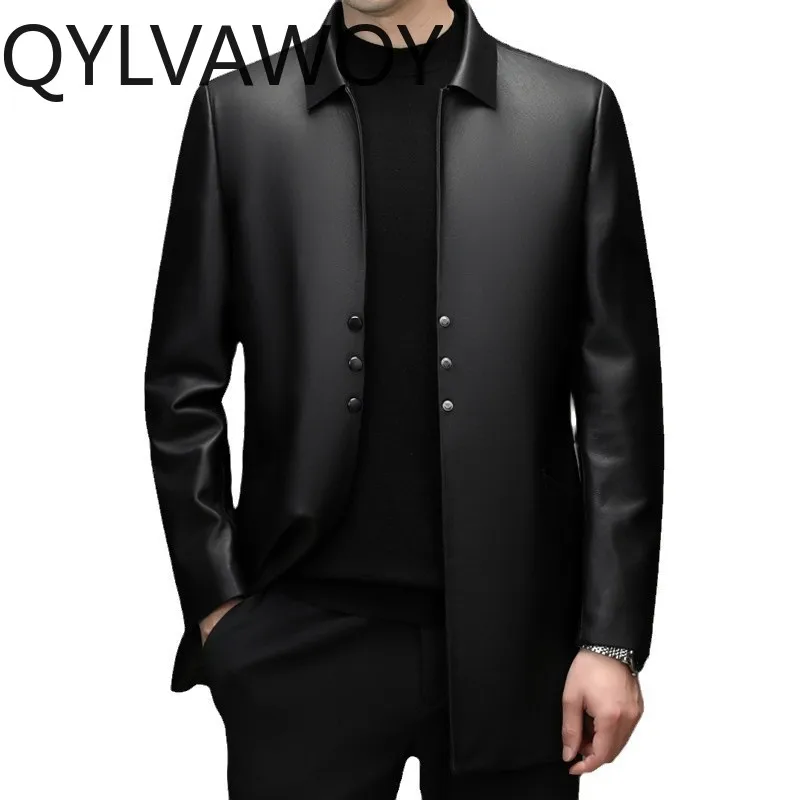 

QYLVAWOY Real Leather Jacket Man Sheepskin Leather Coat Mid-length Black Jackets Lapel Jackets for Man Slim-fit Jaqueta De Couro