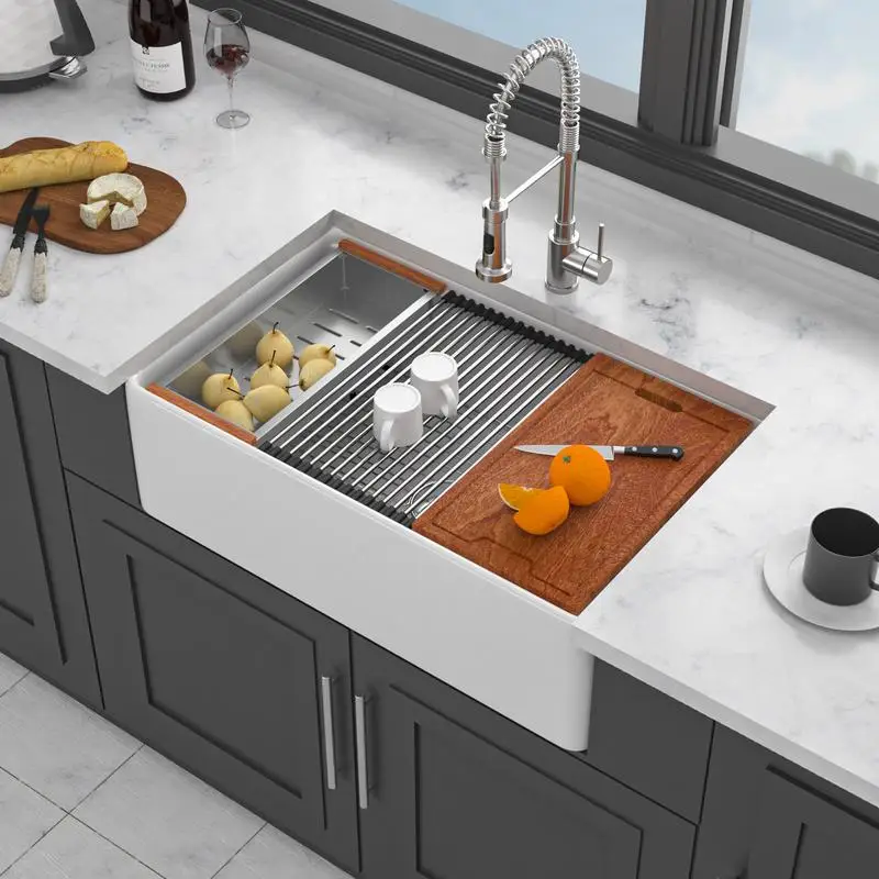 

33" White Porcelain Ceramic Single Bowl Kitchen Sink Workstation - Perfect for Modern Kitchens, Durable and Stylish Design