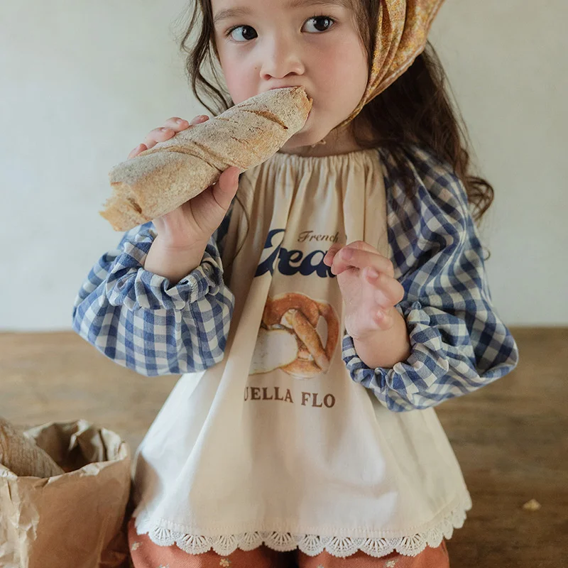 

Кукольная рубашка в клетку с объемными рукавами в корейском стиле для девочек, осень 2021, детская одежда, милый и стильный топ для девочек