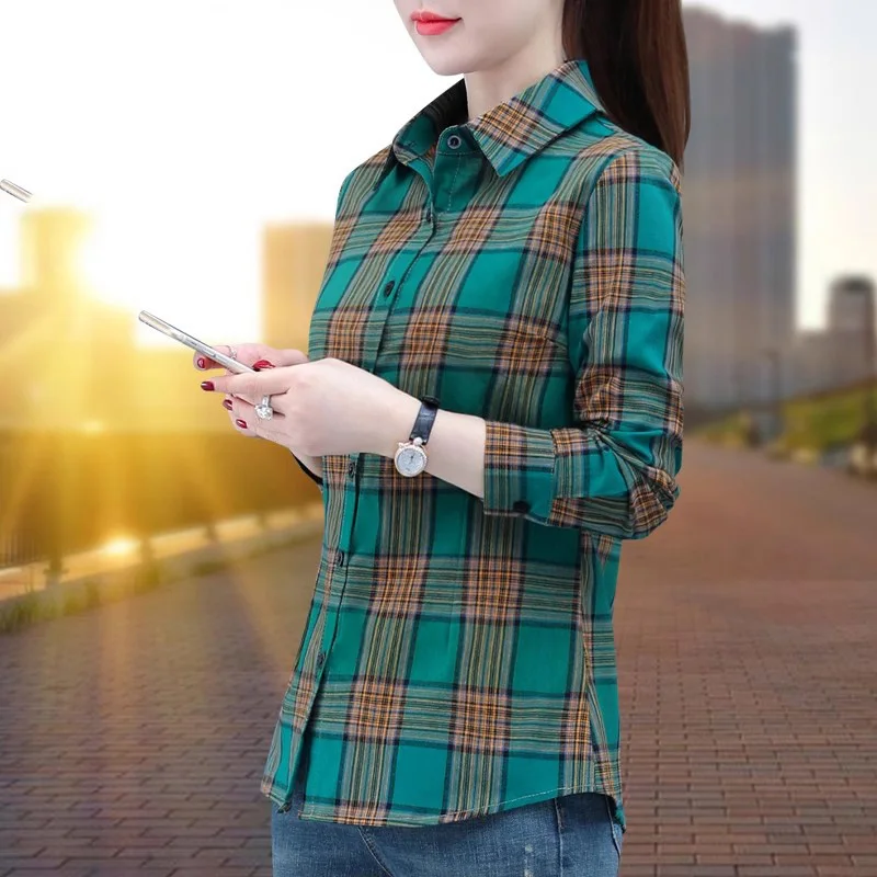New Women Cotton Shirt Spring Autumn Fashion Turn-down Collar Single Breasted Slim Plaid Shirt Casual Simplicity Female Shirt