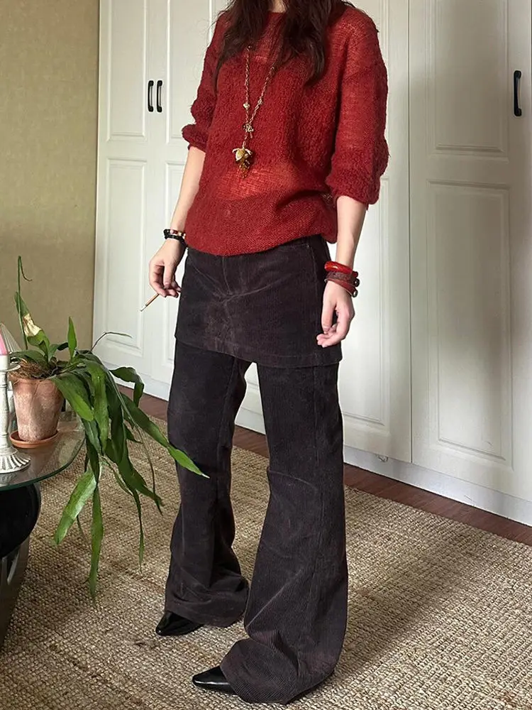 

Deeptown American Retro Corduroy Women Flared Pants Wide Leg High Waist Fake Two Piece Skirt Trousers Baggy Gyaru Casual Winter