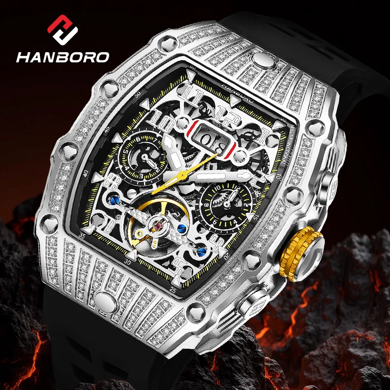 

Мужские полностью автоматические часы HANBORO с быстросъемным ремешком, механические, водонепроницаемые, с подсветкой, в подарочной упаковке, модель 900-6