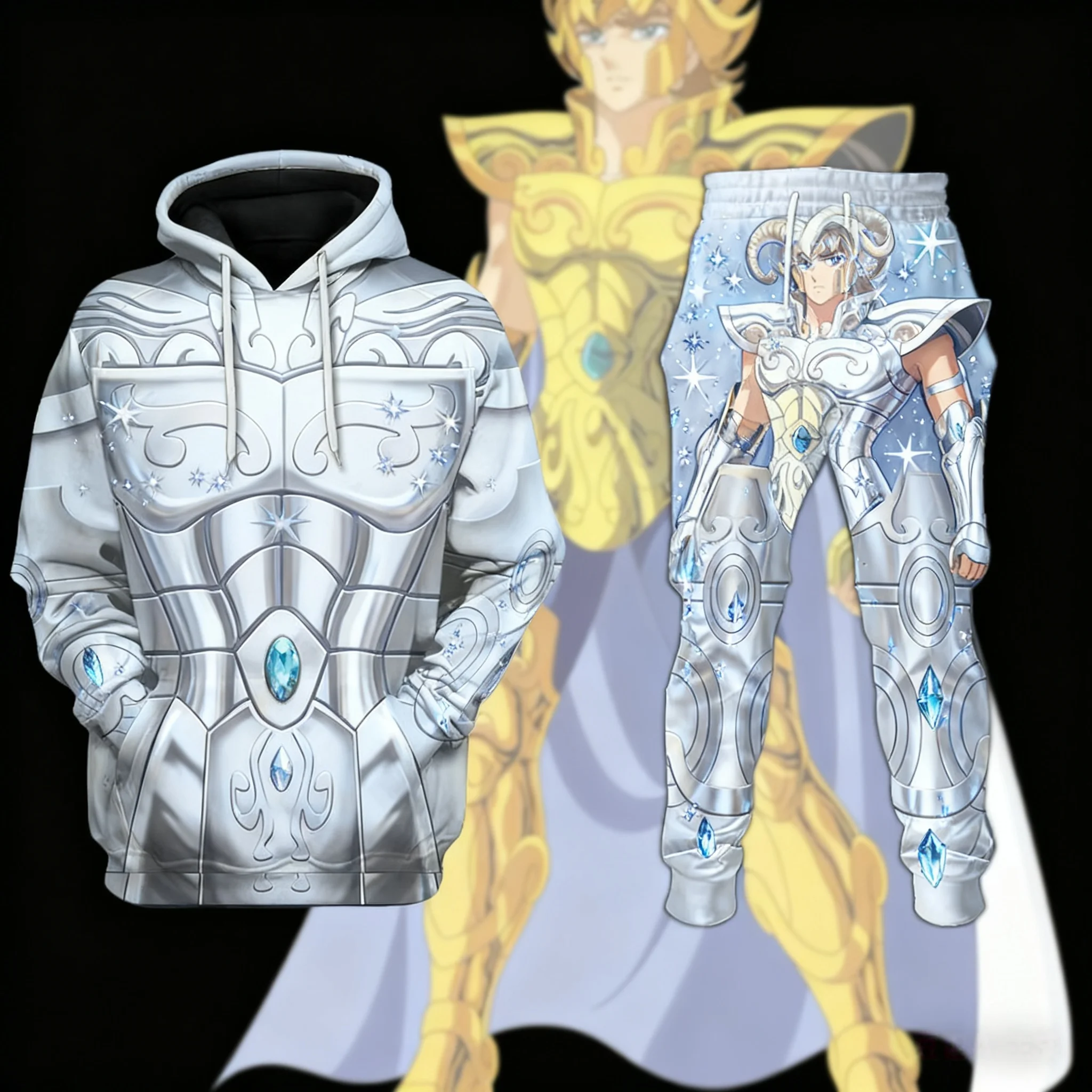 Cosplay anime saint seiya impressão hoodies calças conjuntos 3d rua harajuku conjuntos de treino esportes masculinos ternos de corrida de duas peças