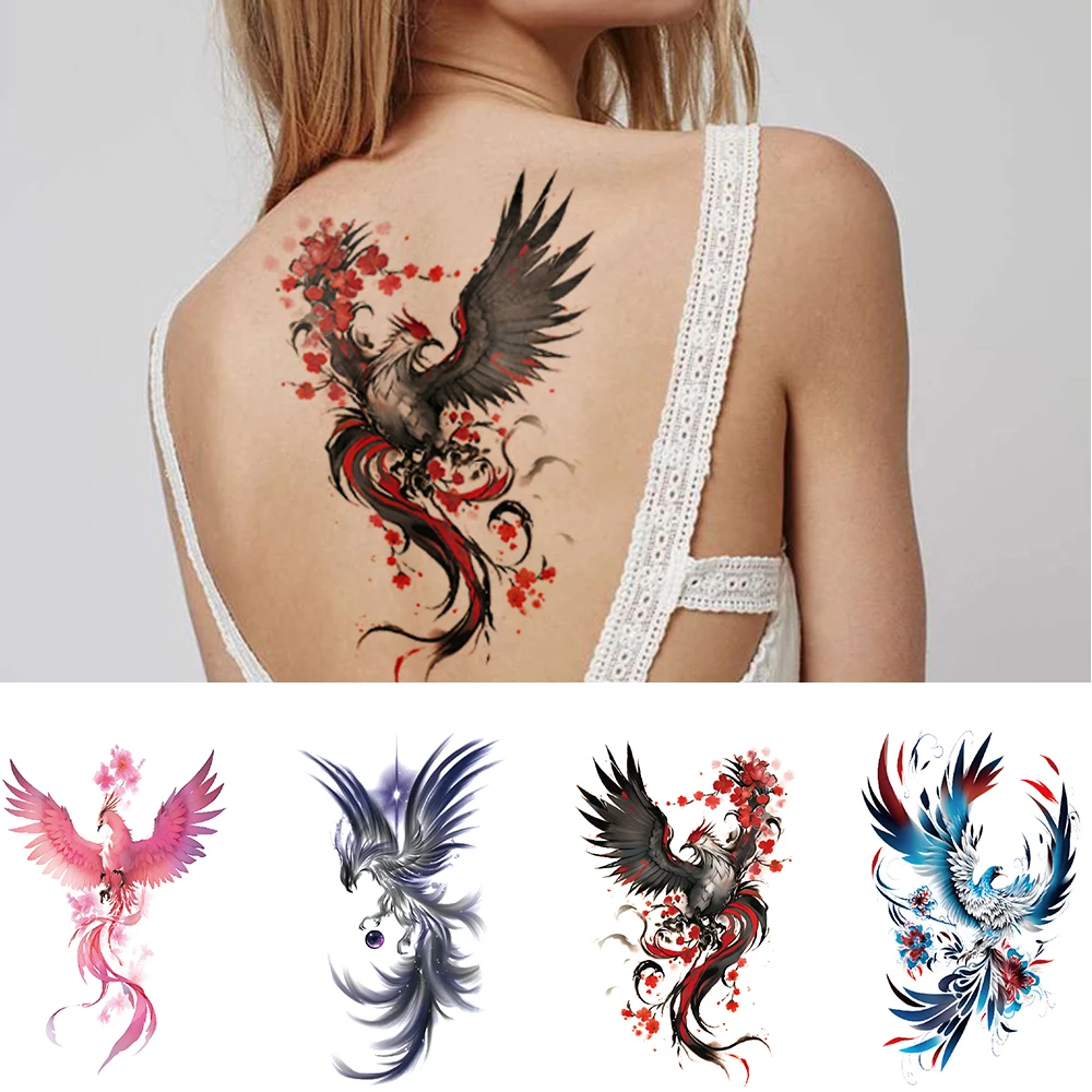 4pcs Plum Phoenix Totem Waterproof Temporary Tattoo Sticker Blossom Flying Bird Body Art Arm Back Sleeve Fake Tattoos Women Men