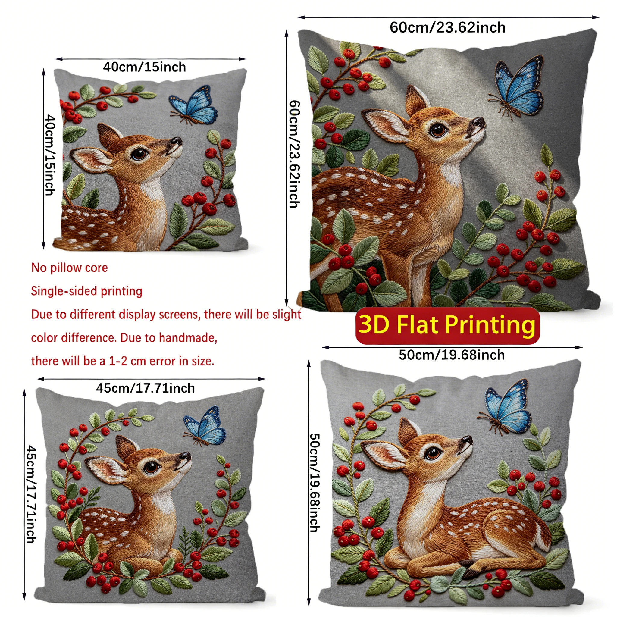 Embroidery Style Deer Berry Butterfly Throw Pillow Covers Pattern Cushion Cover Suitable for Sofa Bedroom Car Pillow Cover
