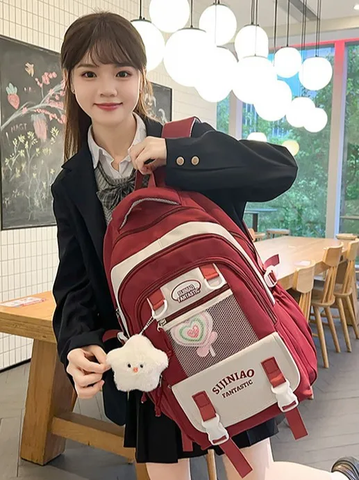 Korean Vintage Color Splicing Backpack Teen Girls Large Capacity Wear Resistant Oxford School Bag Casual Outdoor Travel Backpack