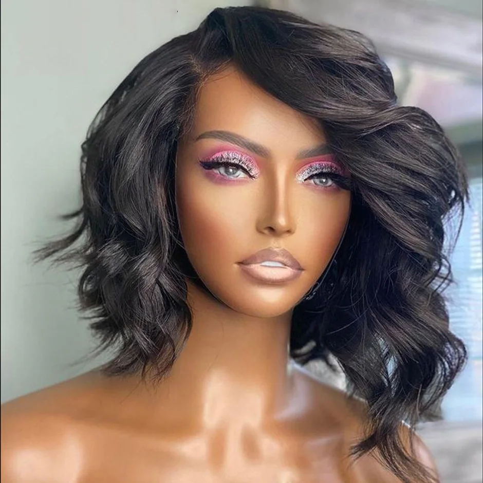 Soft Short Cut Bob Body Wave Natural Black 180Density Lace Front Wig For Women Babyhair Preplucked Heat Resistant Glueless Daily