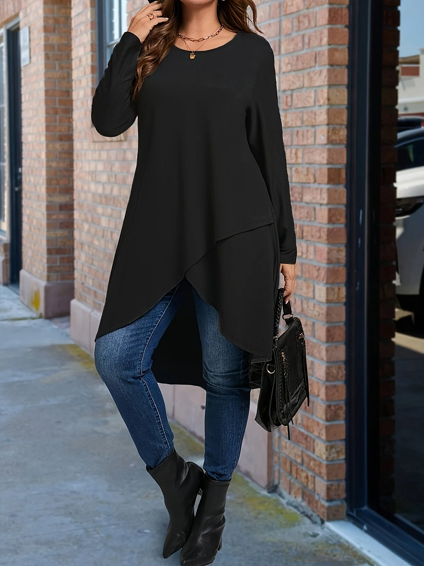 Plus Size Damen-T-Shirt mit elegantem asymmetrischem Saum und langen Ärmeln, Rundhalsausschnitt, lässiges Oberteil, einfarbig, Ganzjahres-Kleidungspullover – Detail 8