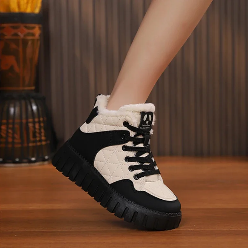 Winter Shoes Women Casual Sports Warm Fur Sneakers Ladies High-top Thick Sole Padded Snow Boots Footwear Platform Quilted Shoes