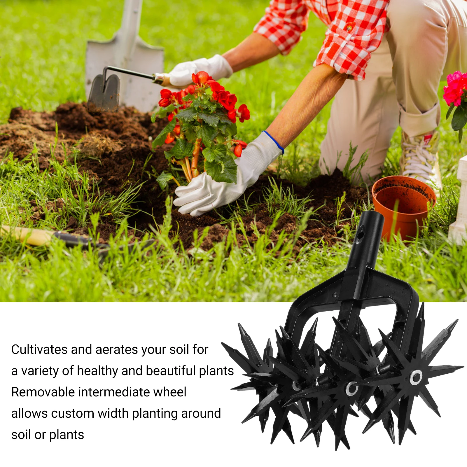 Rotary Cultivator Tool Set Hand Held Garden Cultivator with Detachable Tines 2-In-1 Garden Soil Scarifier Reseeding Grass