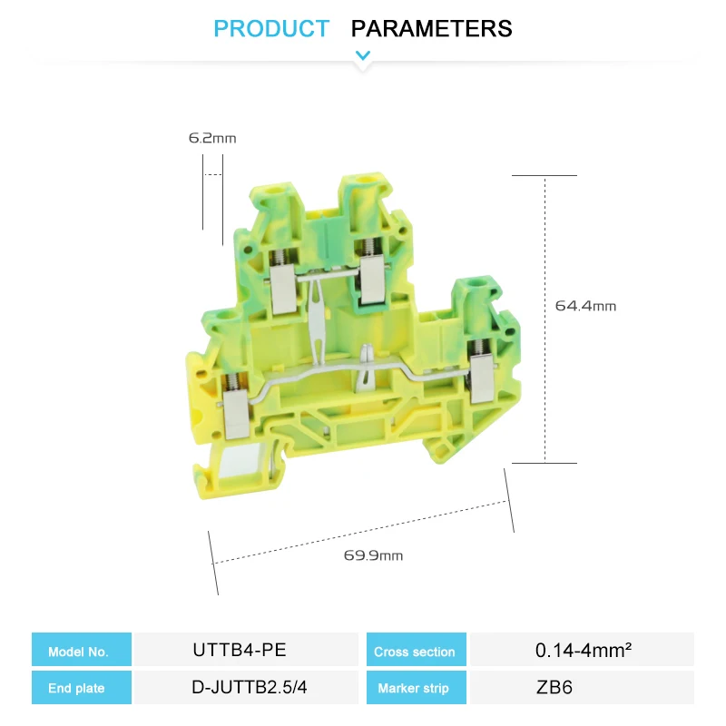 5Pcs UTTB4-PE 2-Level Ground Din Rail Terminal Block Double Bridge Hole 2 Plug Connector 4mm² Screw Connection UTTB 4-PE