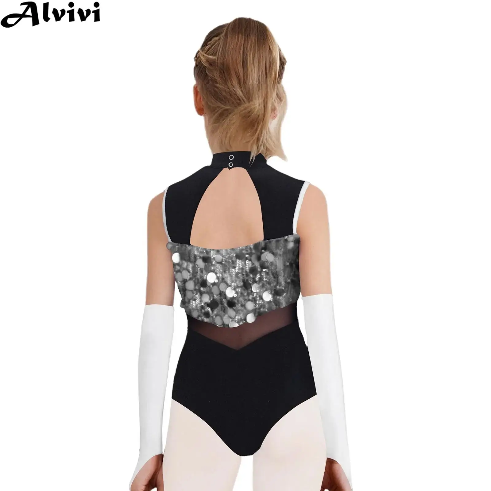 

Костюм для фигурного катания и гимнастики для девочек: безрукавный комбинезон с пайетками и сеткой, с перчатками, для балета, акробатики, латиноамериканских и джазовых танцев