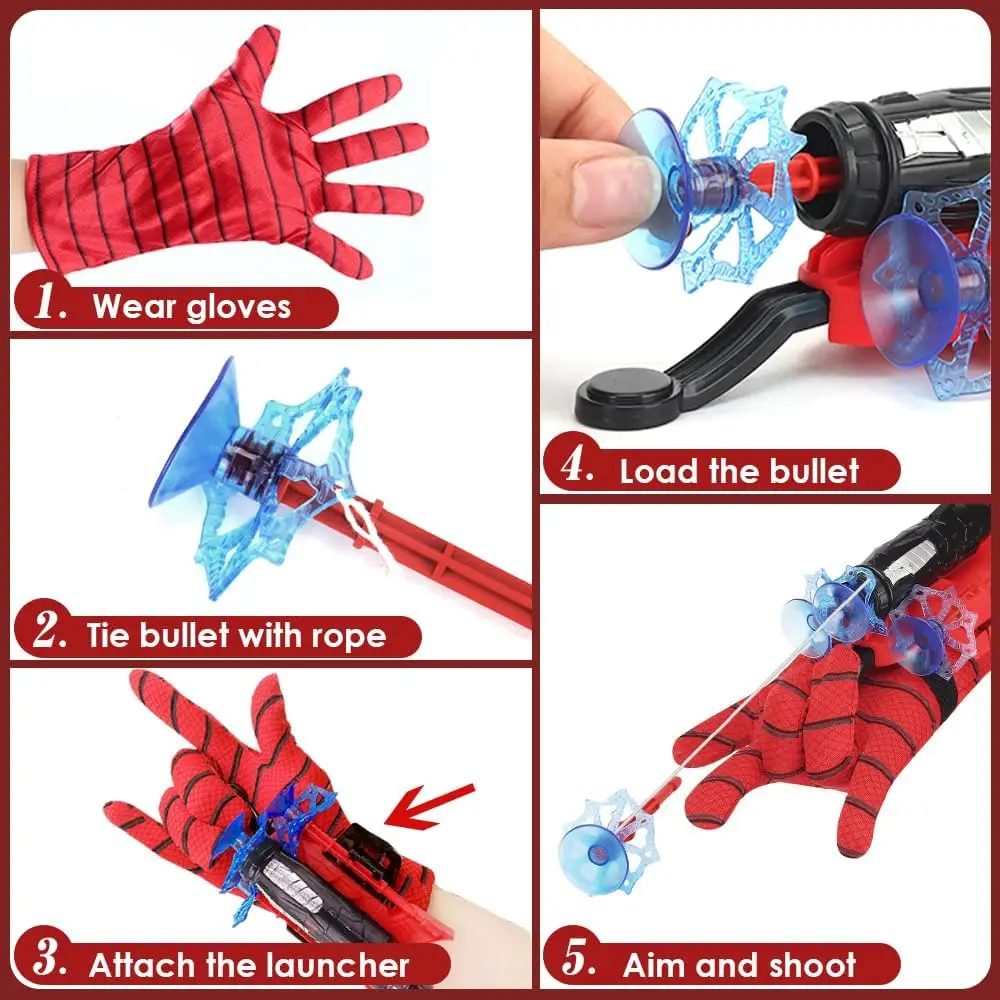 20Sets Spider Launcher Spitting Gloves Sticky Wall Bullet Gun Suction Cup Projectile Toys Children\'s Wrist Launch Spitting Toys