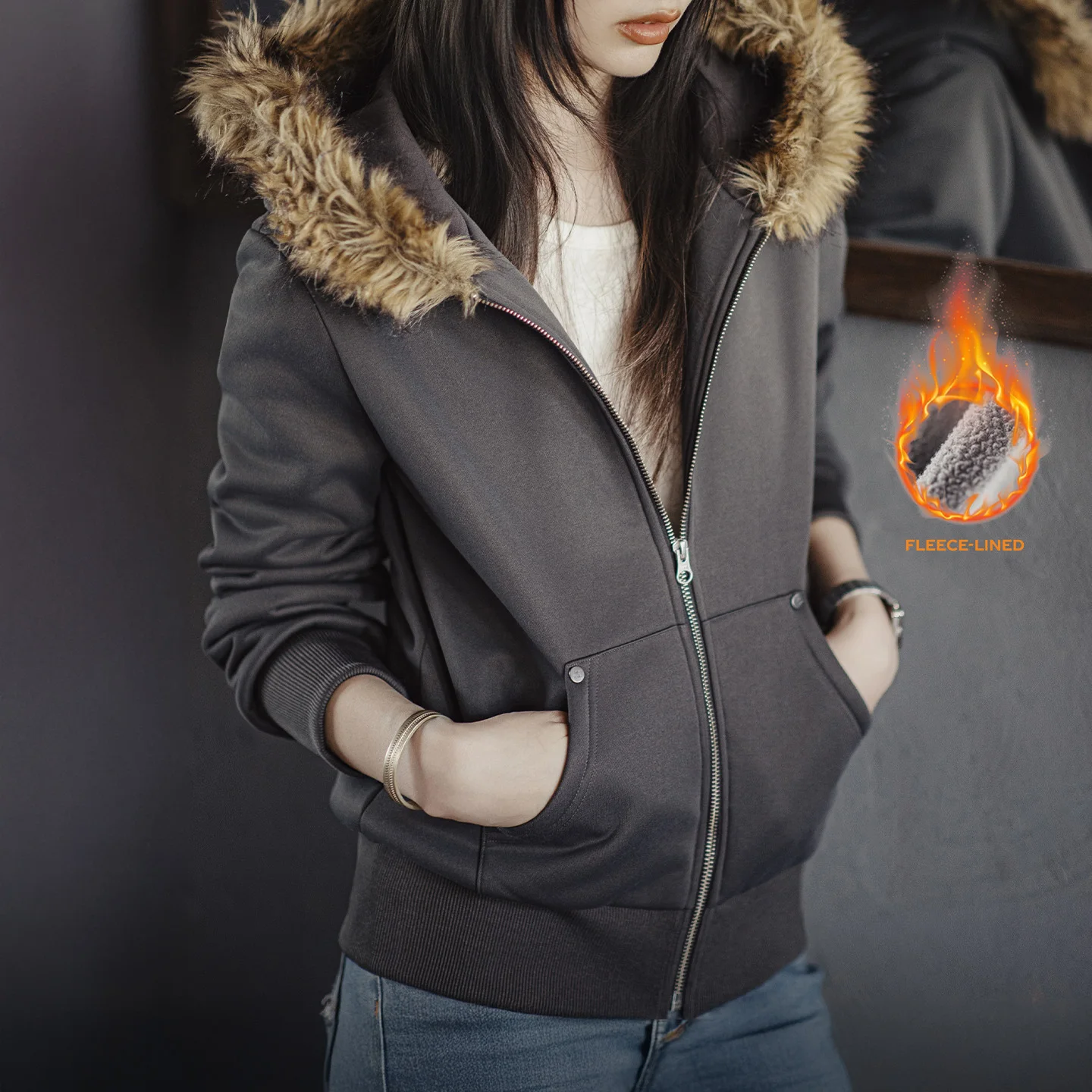 Maden Abrigo con capucha y cremallera con forro polar para mujer, chaqueta informal gruesa y cálida para invierno, sudadera térmica con capucha, prendas de vestir exteriores, TOP para mujer