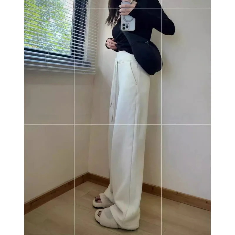 

Women Plush Fleece Wide Leg Pants Double Waist Warm Straight Long Trousers Street Fitness Style Athletic Lounge Pants for Autumn