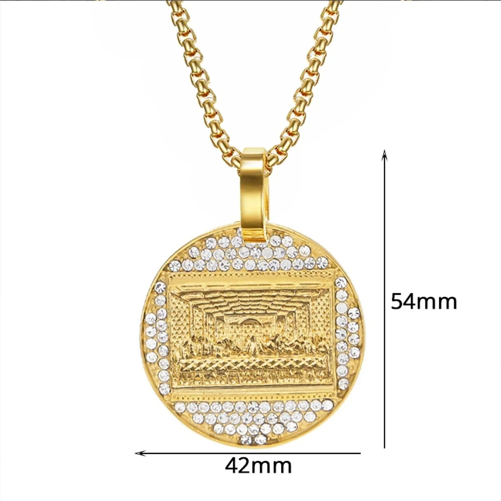 Stainless Steel Last Supper Pendant Gold Color Iced Out Bling Zircon Round Necklace For Men Father\'s Day Gift Hip Hop Jewelry