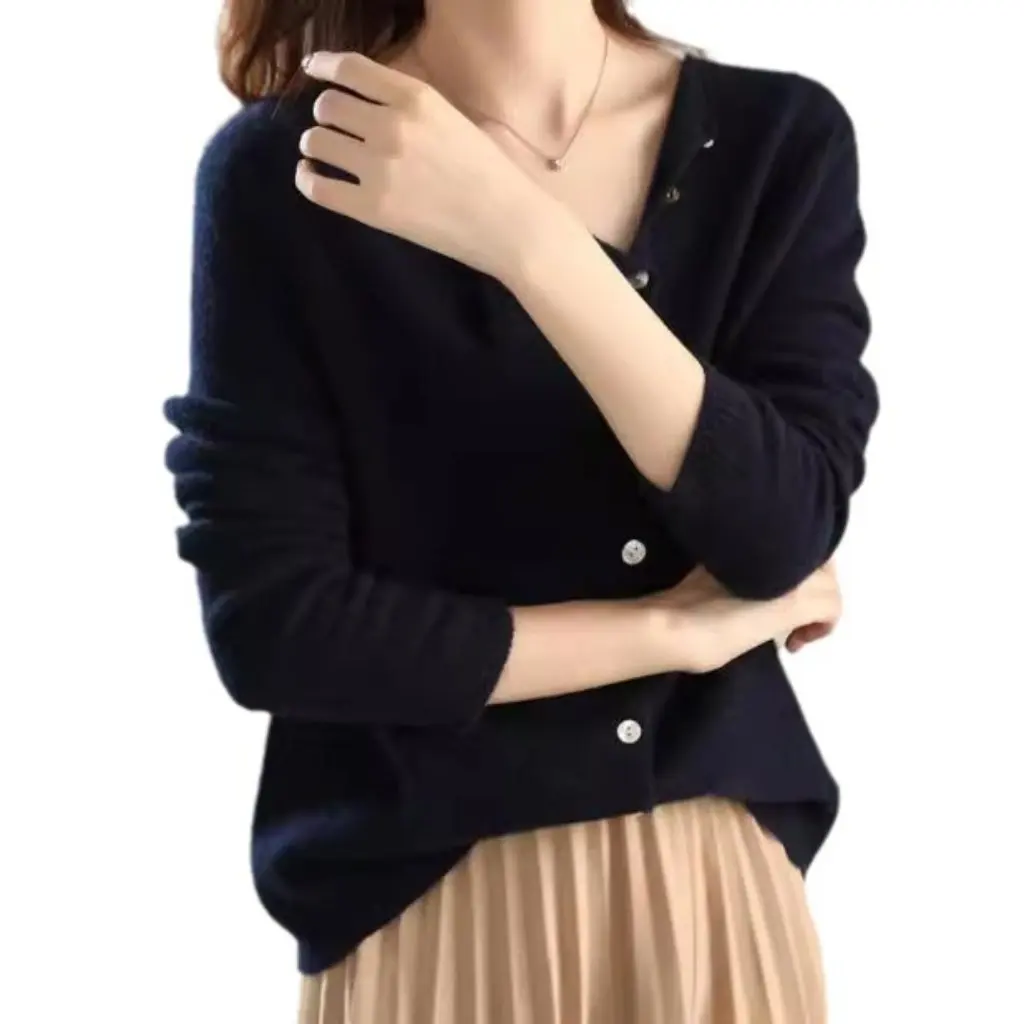 

Women's Single-Breasted Cashmere Cardigan Low round Neck Thin Knitted Exterior Imitation Cashmere Spring Autumn