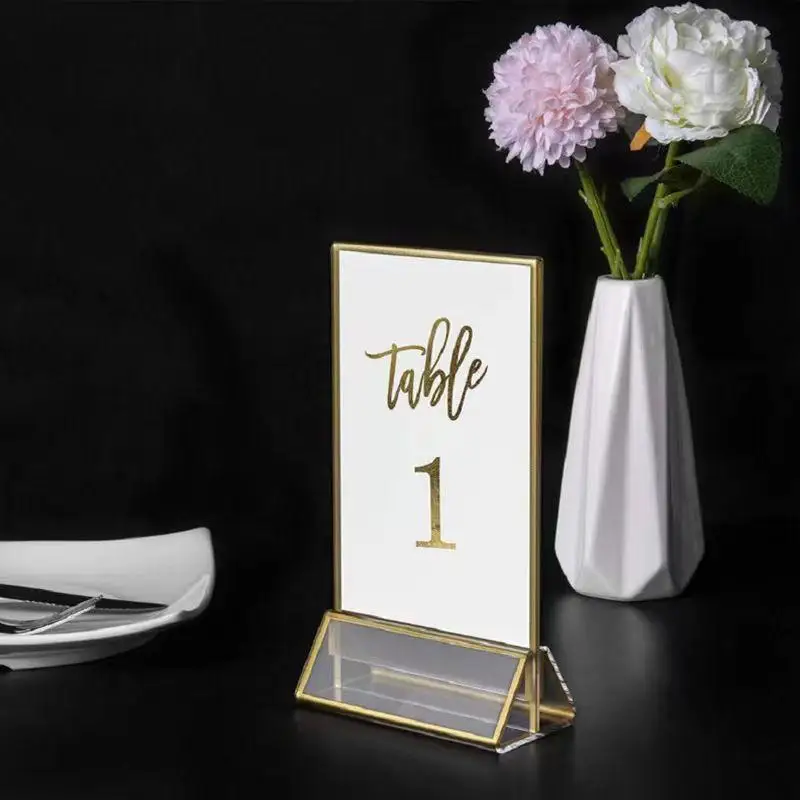 1Pc 4X6 Inch Transparent Acrylic Tabletop Display Stand Sign Card Holder With Golden Frame Menu Paper Stands