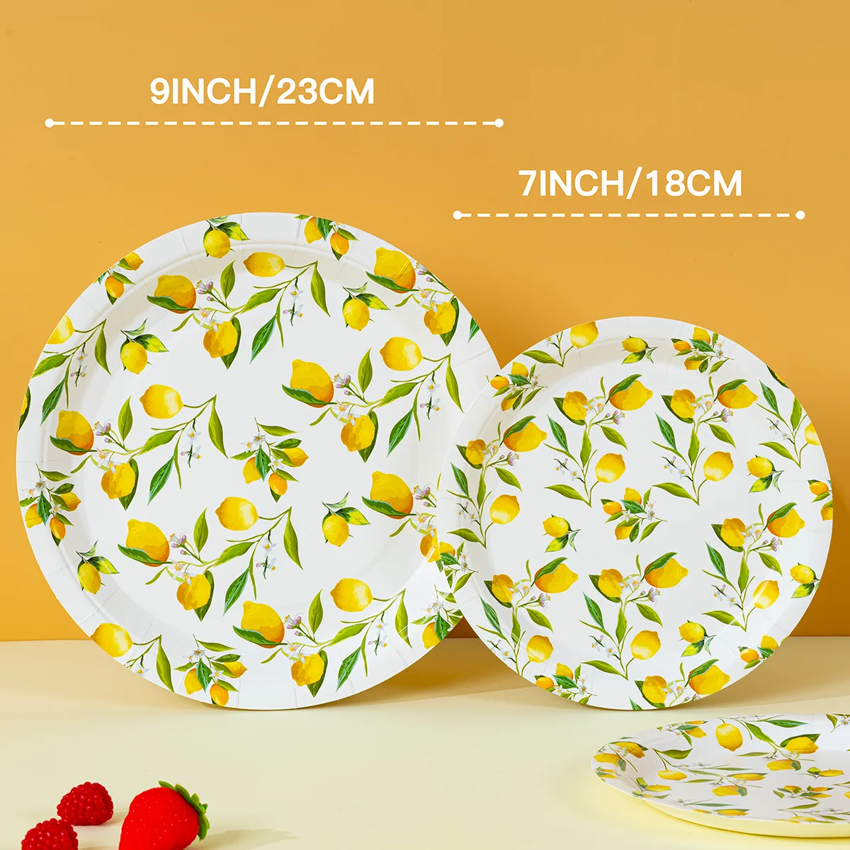 Yellow Lemon Green Leaf Disposable Round Paper Plates, Lightweight Party Paper Plates for All Occasions image 2