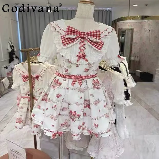 

Liz Dress Set Girls Japanese New Sweet Milkshake Strawberry Print Big Bow Dress Skirt 2-Piece Set Princess Lolita Dress Set 2025