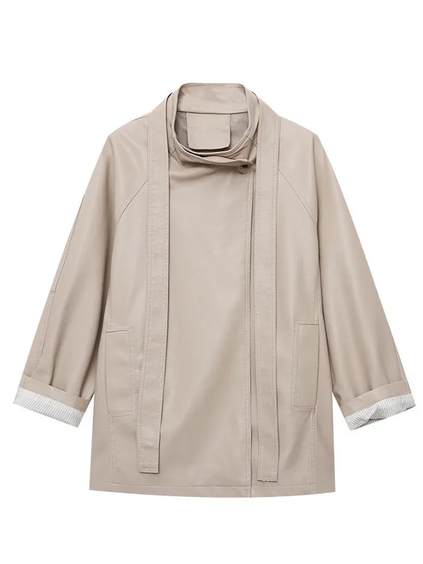 سترة من جلد البولي يوريثان عالية nce مع حزام وياقة واقفة وخصر حزام طويل للنساء الشابات في الخريف #5