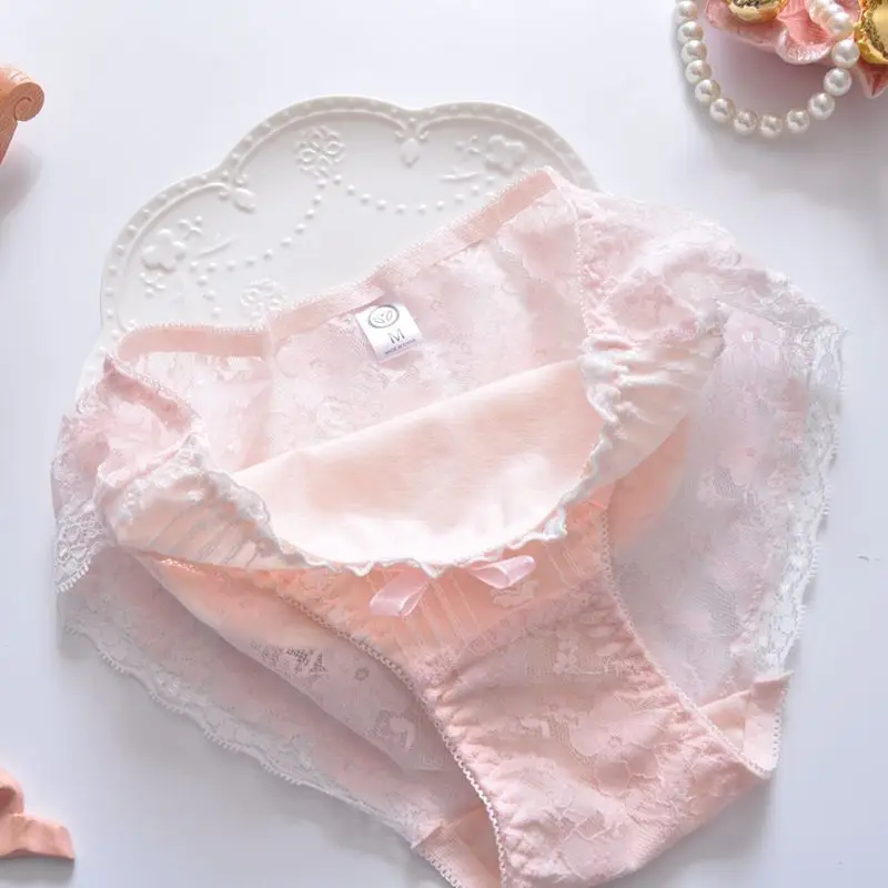 Women Cotton Mesh Sexy Lace Cute Lovely Sweety Princess Lolita Bow Ruffles Panties Elasticity Middle Waist Transparent Underwear